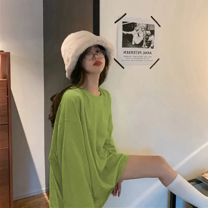 100%cotton Summer Tee T Shirt Women Kawaii T-Shirts Women 2025 Autumn Solid Simple Oversized Tshirt White Long Sleeve Tops