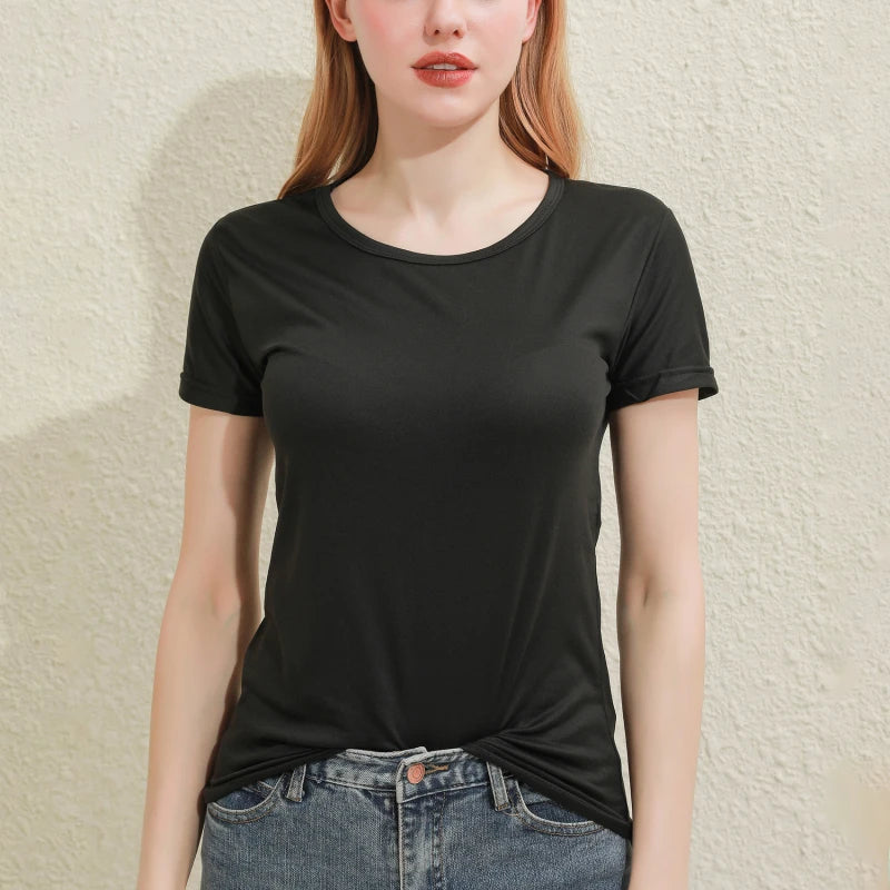 2025 Short T-Shirts Summer Women's Short Sleeve Round Neck Casual Blouse Shirts Solid Color Tops  Black / White