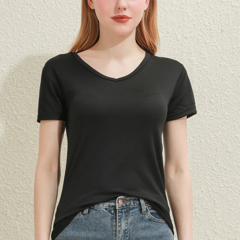 2025 Short T-Shirts Summer Women's Short Sleeve Round Neck Casual Blouse Shirts Solid Color Tops  Black / White
