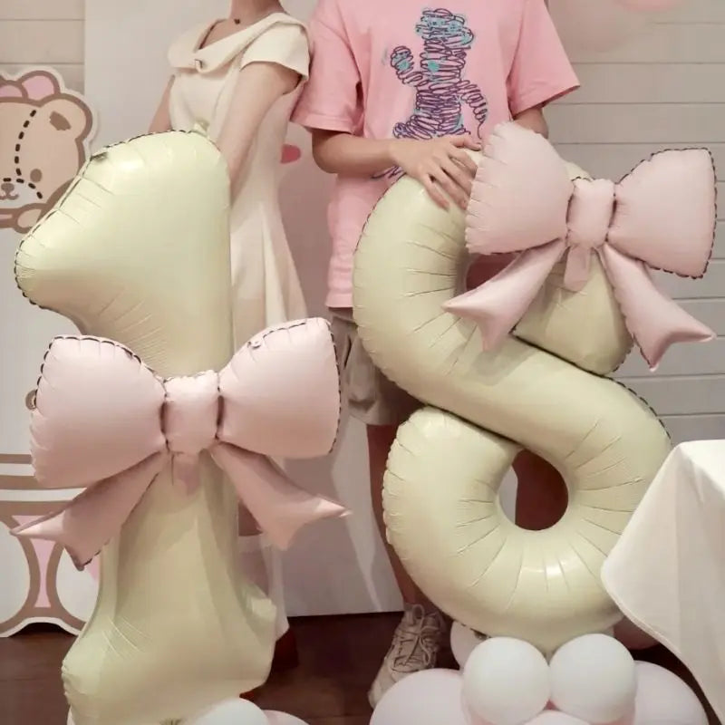 1pc Large Number Pink Foil Balloon With Bow 1 2 3 4 5 6 7 8 9 For Wedding Birthday Party Ballons Jumbo Number Balloon