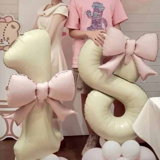 1pc Large Number Pink Foil Balloon With Bow 1 2 3 4 5 6 7 8 9 For Wedding Birthday Party Ballons Jumbo Number Balloon