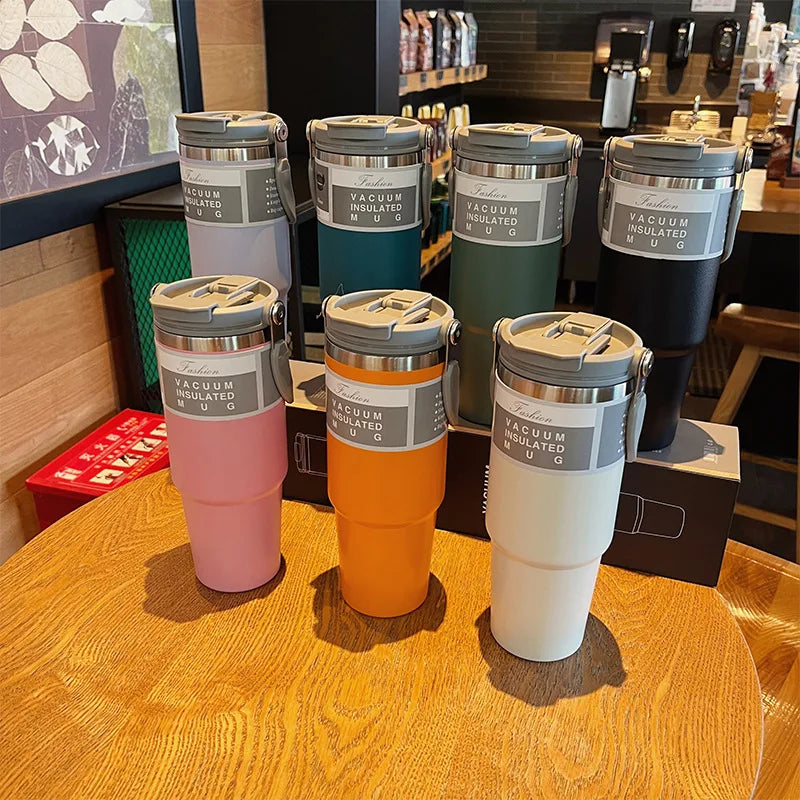 30oz Thermal Cup Stainless Steel Water Bottle with Straw Leakproof Car Tumbler Vacuum Insulated Flask for Outdoor Sports Gym