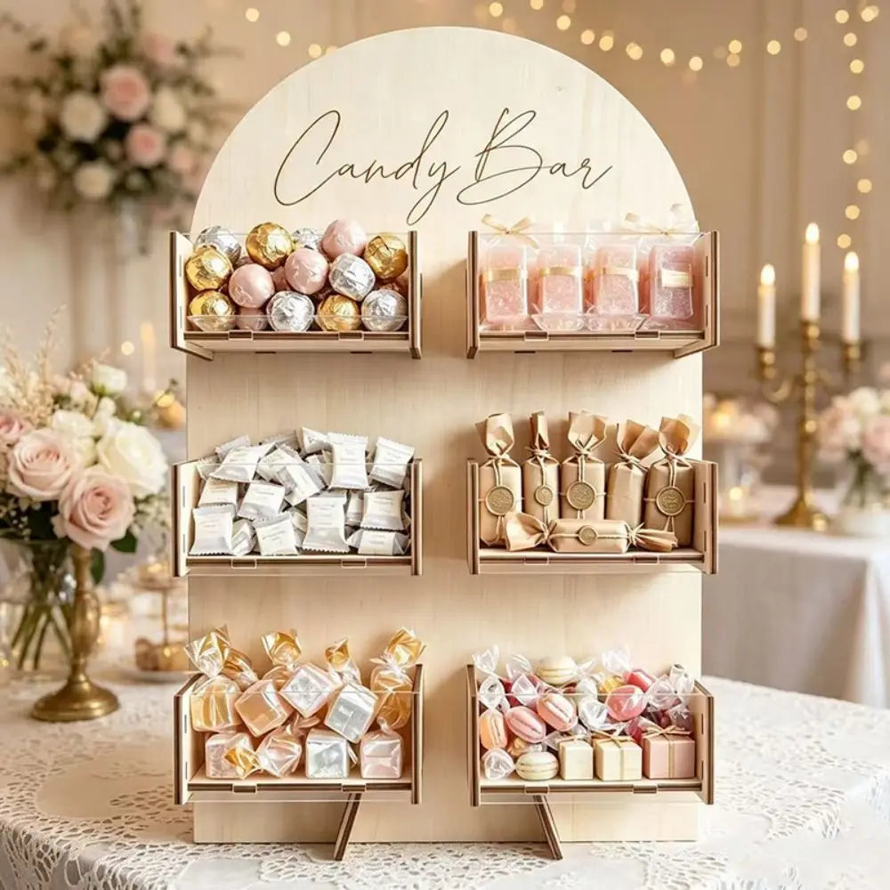 4/6Grids Candy Display Stand Wood Desktop Rack Candy Bar Stand Holder Easy Install Detachable Dessert Snack Display Box