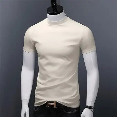 Men's Casual Turtleneck T-Shirts Short Sleeve Solid Slim Fit Silk High Neck Tops Inner Wear Trendy Round Neck Base Layer Shirt
