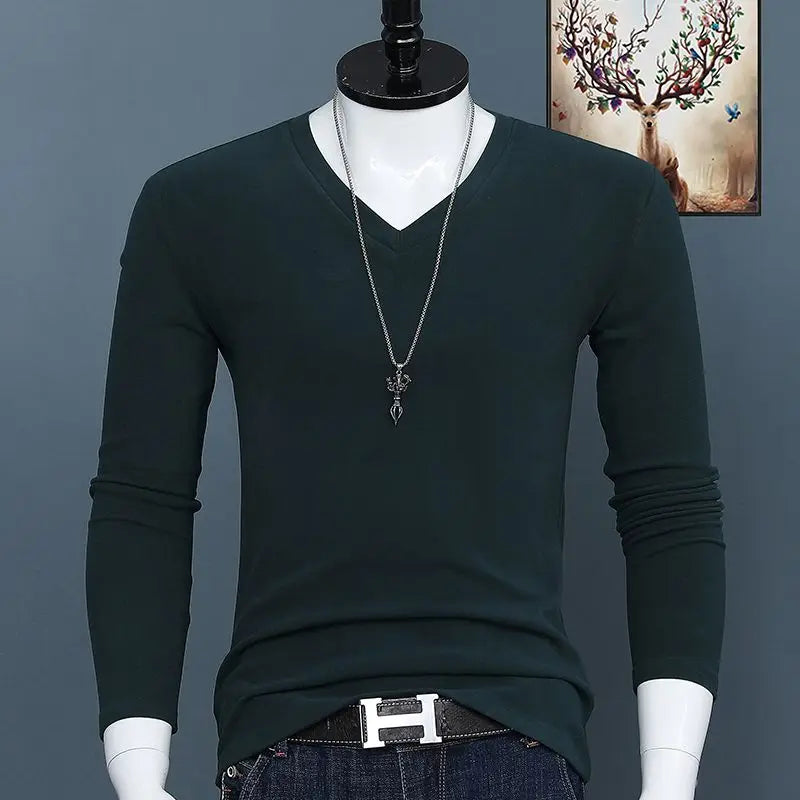 Harajuku Fashion 2023 New Men's V-neck T-shirt Crossfit Pure Color Slim Long Sleeve Tee Classic Oversized Oversized T Shirt