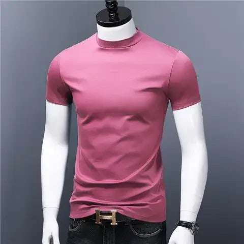 Men's Casual Turtleneck T-Shirts Short Sleeve Solid Slim Fit Silk High Neck Tops Inner Wear Trendy Round Neck Base Layer Shirt