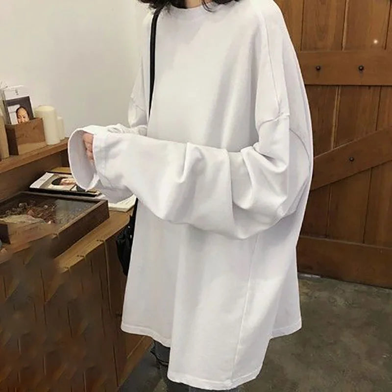100%cotton Summer Tee T Shirt Women Kawaii T-Shirts Women 2025 Autumn Solid Simple Oversized Tshirt White Long Sleeve Tops