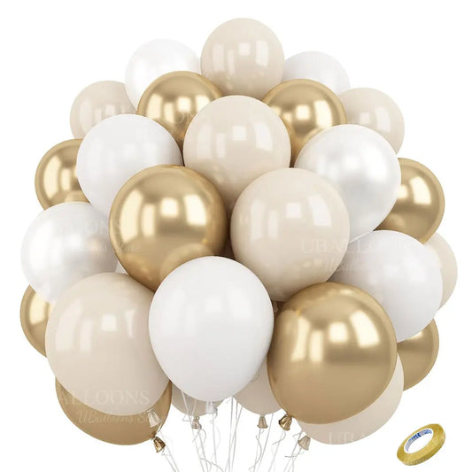 40Pcs White Sand Latex Balloons 10Inch Boho Sand White Metal Chrome Gold Balloons for Birthday Wedding Baby Shower Party Decor