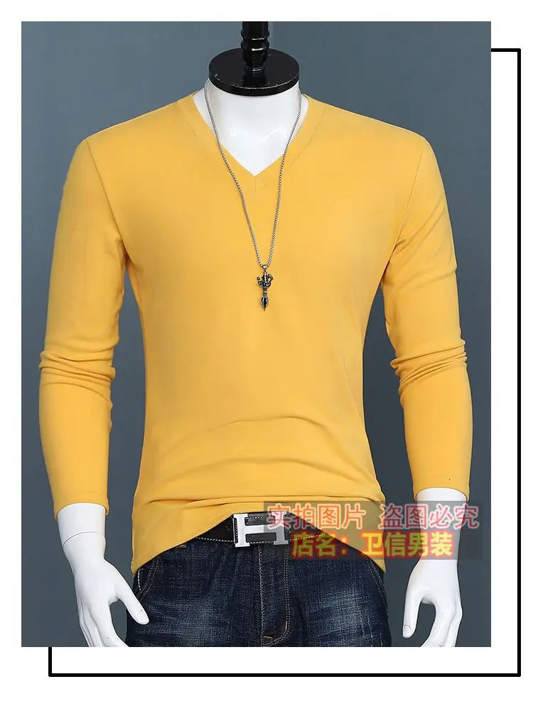 Harajuku Fashion 2023 New Men's V-neck T-shirt Crossfit Pure Color Slim Long Sleeve Tee Classic Oversized Oversized T Shirt