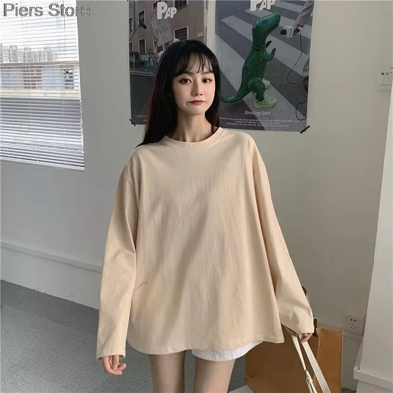 100%cotton Summer Tee T Shirt Women Kawaii T-Shirts Women 2025 Autumn Solid Simple Oversized Tshirt White Long Sleeve Tops