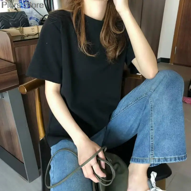 100%cotton Summer Tee T Shirt Women Kawaii T-Shirts Women 2025 Autumn Solid Simple Oversized Tshirt White Long Sleeve Tops