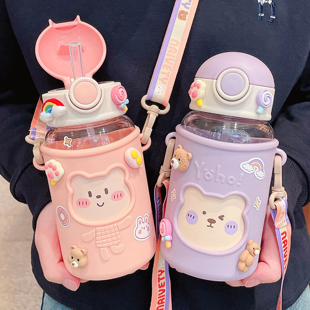 Kawaii Water Bottle Cute Bear Kettle Travel Sport Tumbler Portable Drinking Mug for Child Kids Girl Large Capacity Cartoon Cup