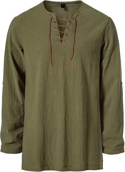 Men's Medieval Lace Up Tunic Shirt Renaissance Viking Pirate Costume Long Sleeve Retro Tops with Belt for Halloween Cosplay