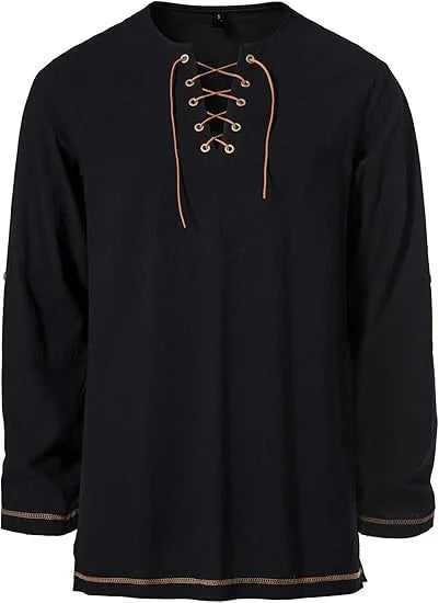 Men's Medieval Lace Up Tunic Shirt Renaissance Viking Pirate Costume Long Sleeve Retro Tops with Belt for Halloween Cosplay