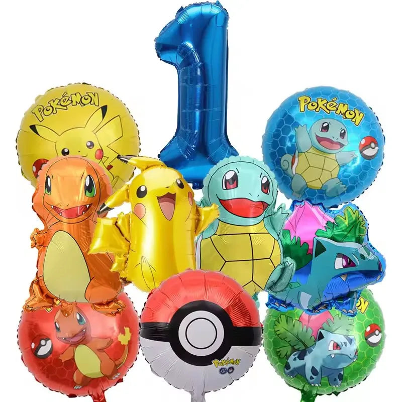 10pcs Pokemon Balloons set Pikachu Pokemon Ball Balloons 32inch Blue Number Balloon for Kids 1-9th Birthday Party Decoration