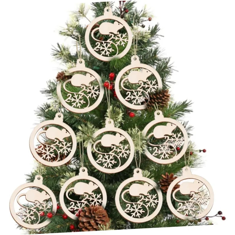 10 Wooden Christmas Ornaments for Year Decorations, Handmade Pendants for Party and Holiday Decoration