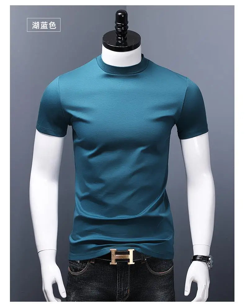 Men's Casual Turtleneck T-Shirts Short Sleeve Solid Slim Fit Silk High Neck Tops Inner Wear Trendy Round Neck Base Layer Shirt