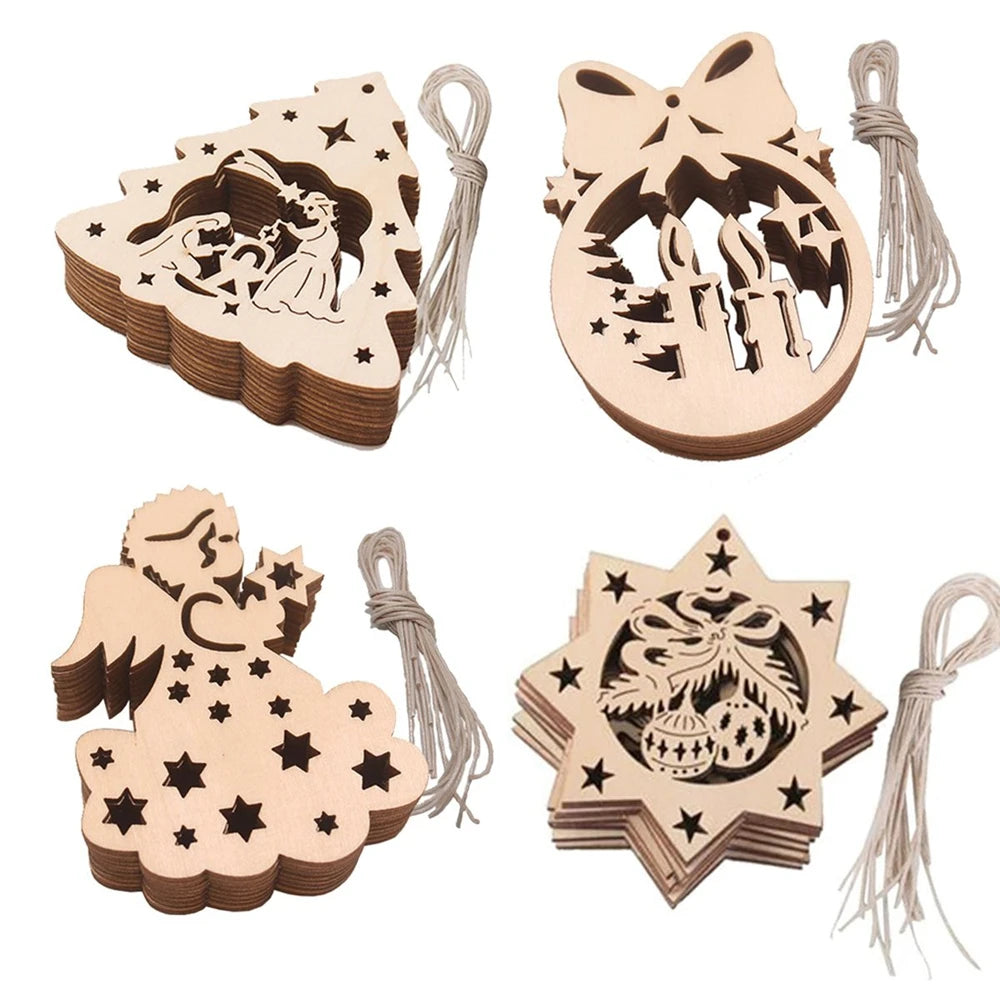 10 Wooden Christmas Ornaments for Year Decorations, Handmade Pendants for Party and Holiday Decoration
