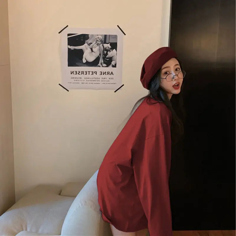 100%cotton Summer Tee T Shirt Women Kawaii T-Shirts Women 2025 Autumn Solid Simple Oversized Tshirt White Long Sleeve Tops