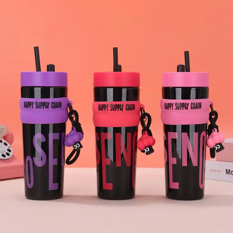900ML Large Capacity Vacuum Insulated Bottle with Straw Stainless Steel Thermal Water Bottle Leak-proof Portable Outdoor Sports
