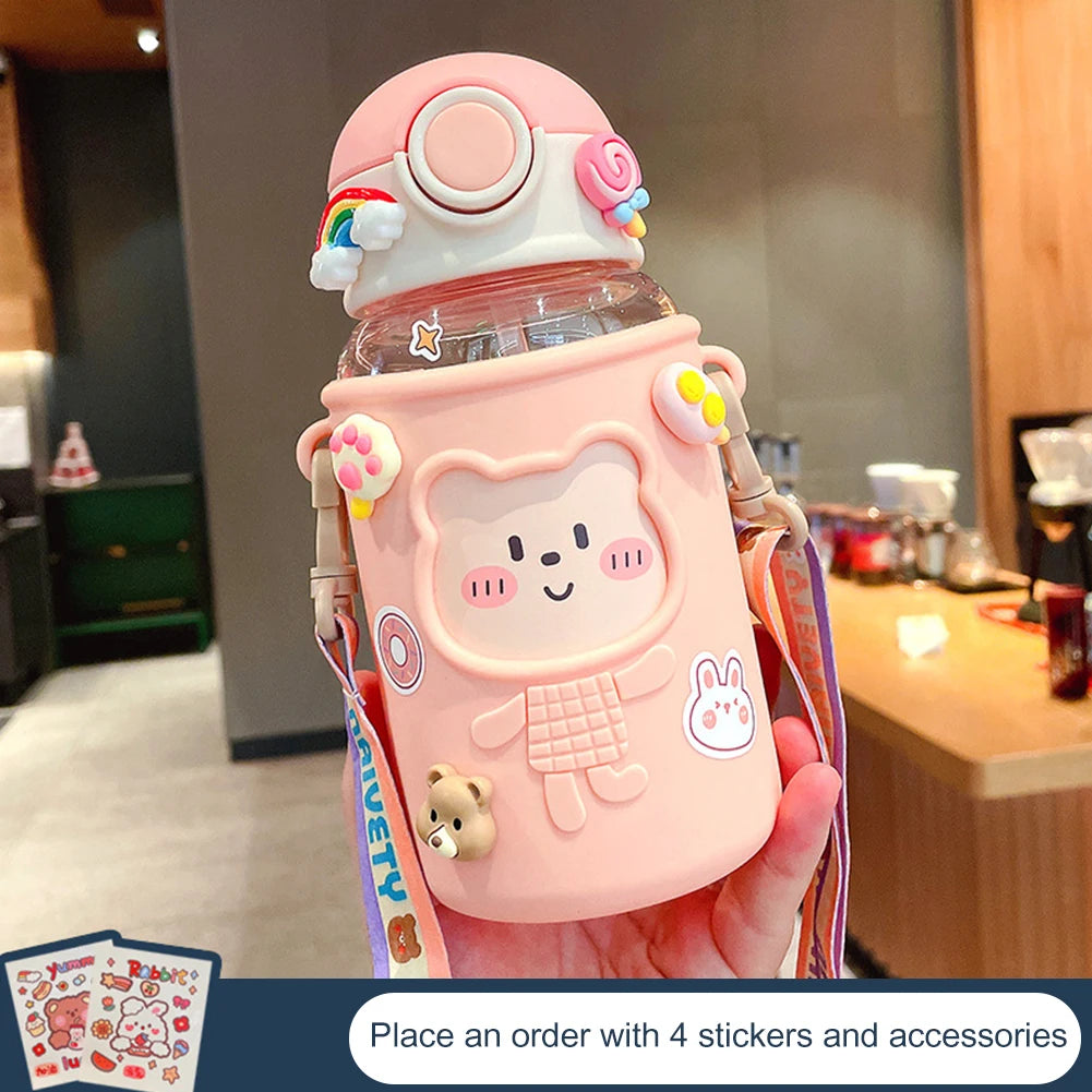 Kawaii Water Bottle Cute Bear Kettle Travel Sport Tumbler Portable Drinking Mug for Child Kids Girl Large Capacity Cartoon Cup