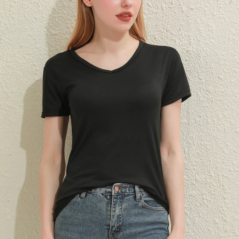 2025 Short T-Shirts Summer Women's Short Sleeve Round Neck Casual Blouse Shirts Solid Color Tops  Black / White