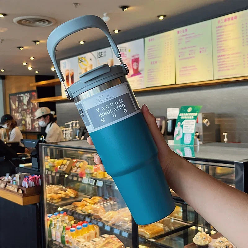 30oz Thermal Cup Stainless Steel Water Bottle with Straw Leakproof Car Tumbler Vacuum Insulated Flask for Outdoor Sports Gym