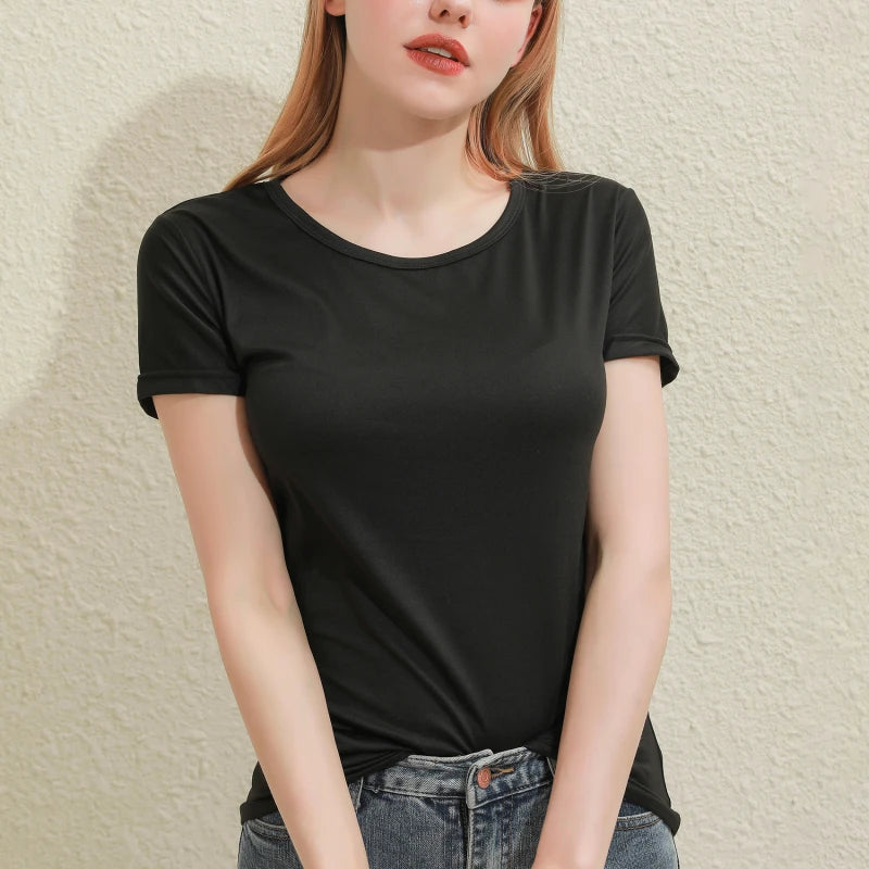 2025 Short T-Shirts Summer Women's Short Sleeve Round Neck Casual Blouse Shirts Solid Color Tops  Black / White