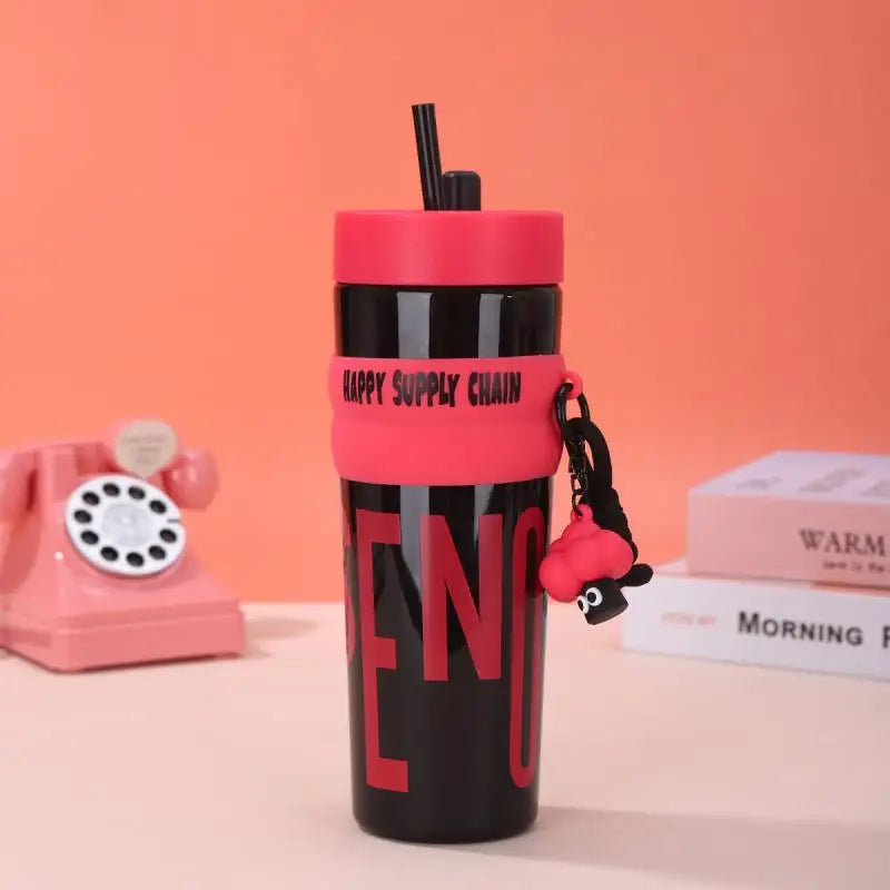 900ML Large Capacity Vacuum Insulated Bottle with Straw Stainless Steel Thermal Water Bottle Leak-proof Portable Outdoor Sports