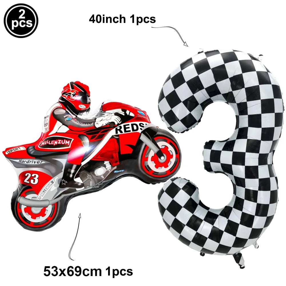 2Pcs Motorcycle Balloon Dirt Bike Foil Balloon Black and White Checkered Number Ballons Motorbike Birthday Racing Party Supplies