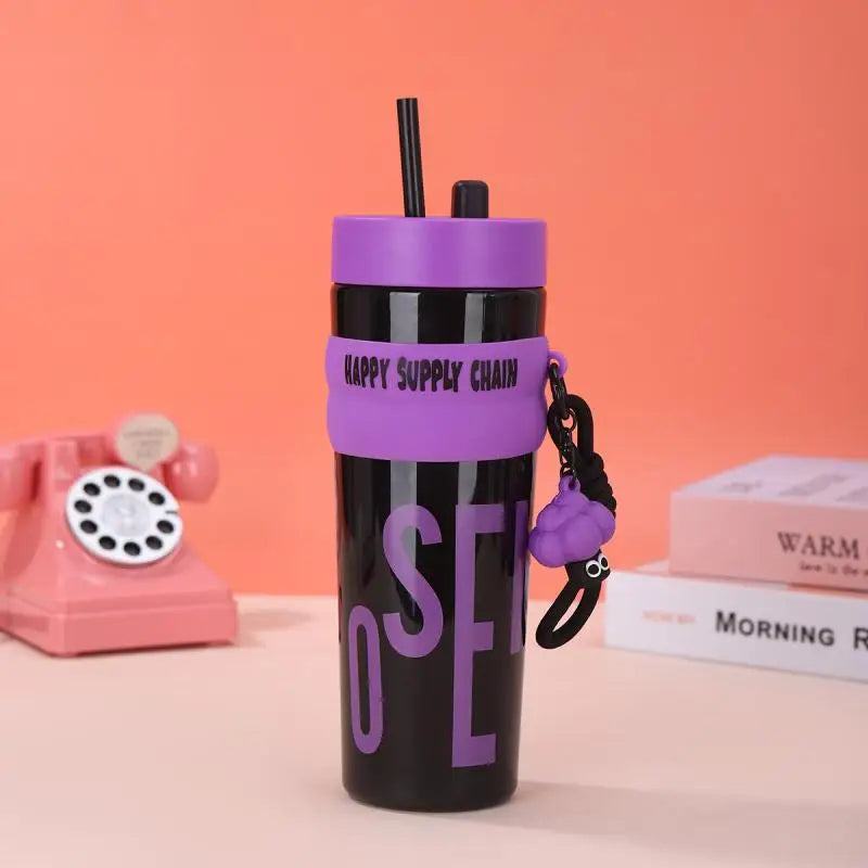 900ML Large Capacity Vacuum Insulated Bottle with Straw Stainless Steel Thermal Water Bottle Leak-proof Portable Outdoor Sports