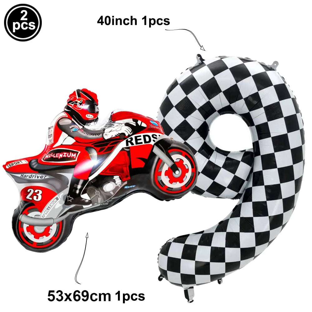 2Pcs Motorcycle Balloon Dirt Bike Foil Balloon Black and White Checkered Number Ballons Motorbike Birthday Racing Party Supplies