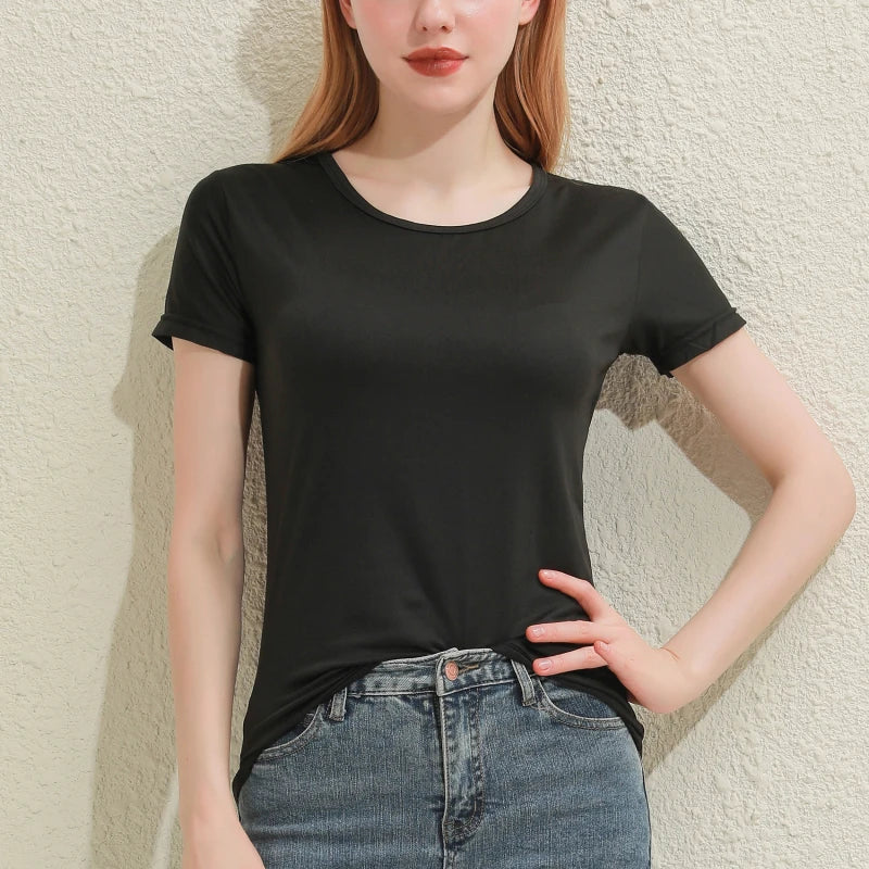 2025 Short T-Shirts Summer Women's Short Sleeve Round Neck Casual Blouse Shirts Solid Color Tops  Black / White