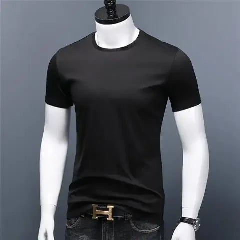 Men's Casual Turtleneck T-Shirts Short Sleeve Solid Slim Fit Silk High Neck Tops Inner Wear Trendy Round Neck Base Layer Shirt