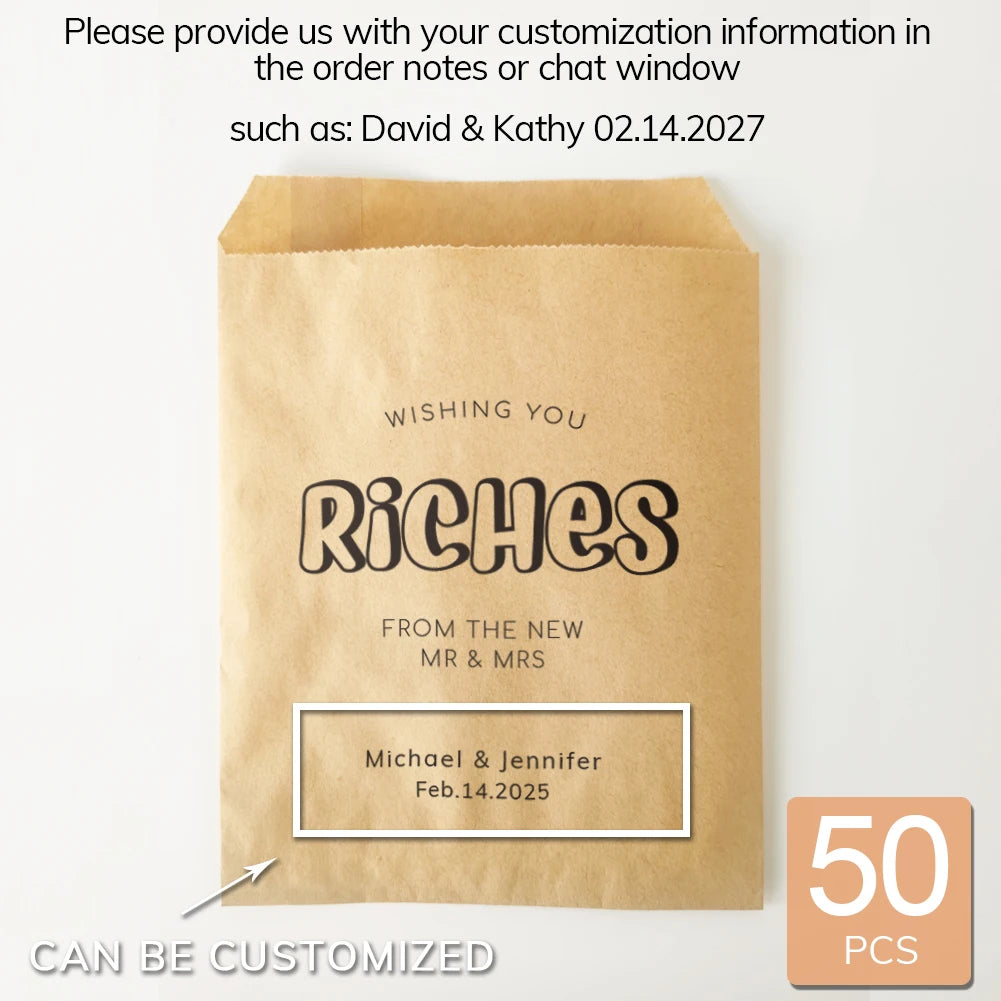 50PCS Personalized Wedding Favor Bags Custom Name Date Lottery Game Kraft Paper Perfect for Weddings Engagements Bridal Showers