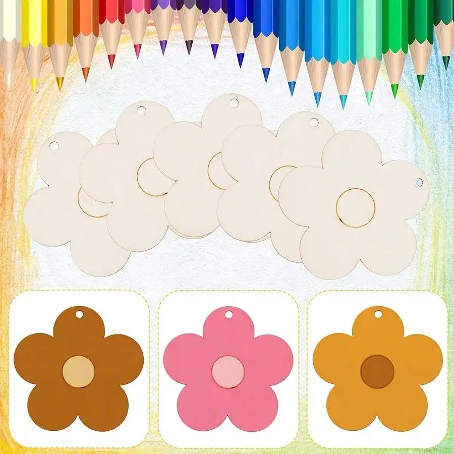 15/30PCS Wooden Carved Flowers with Hemp Rope DIY Handmade Decorations for Home Birthday Wedding Party Garden Summer Theme Famil