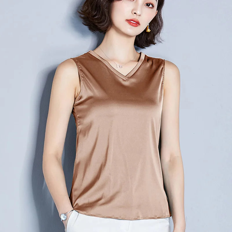 New Imitation Silk Ladies Sleeveless Blouse Halter Sexy Shirt Tops