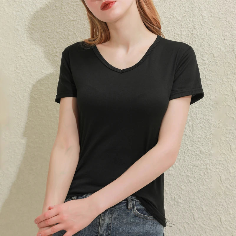 2025 Short T-Shirts Summer Women's Short Sleeve Round Neck Casual Blouse Shirts Solid Color Tops  Black / White