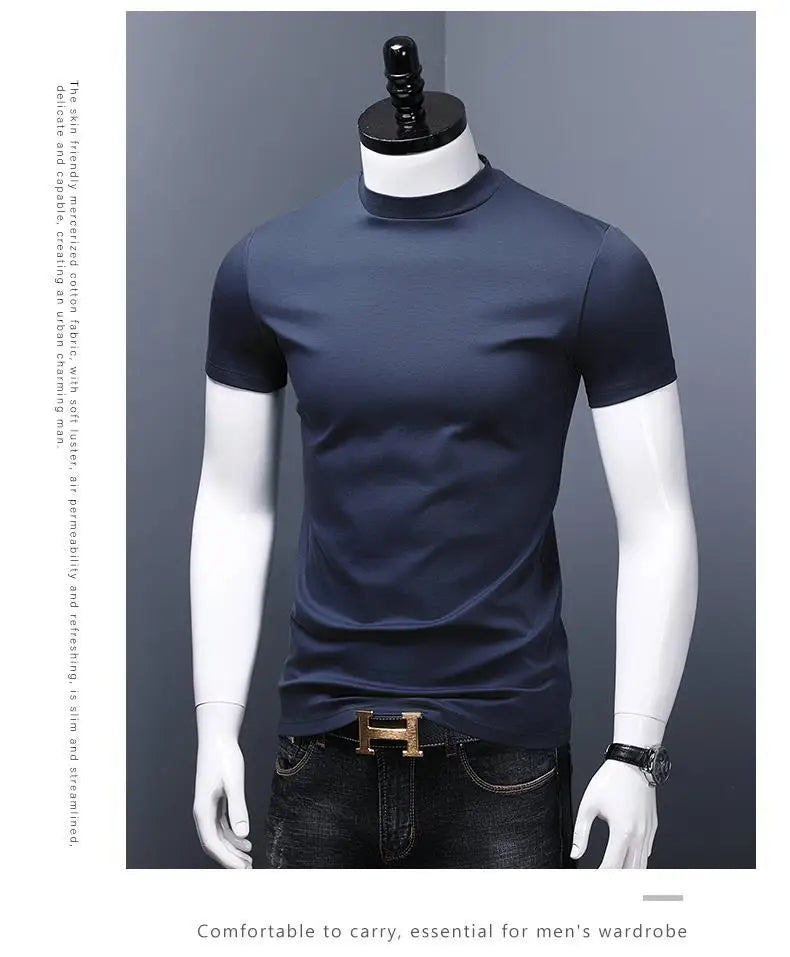 Men's Casual Turtleneck T-Shirts Short Sleeve Solid Slim Fit Silk High Neck Tops Inner Wear Trendy Round Neck Base Layer Shirt
