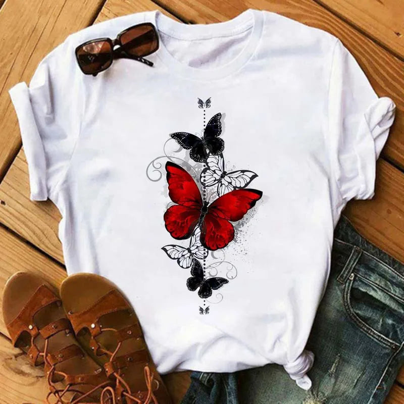 Women's Simple T-shirt Half Sleeve Colorful Flower Butterfly Art Feather Print Short Sleeve T-shirt Tops  Oversized T Shirt