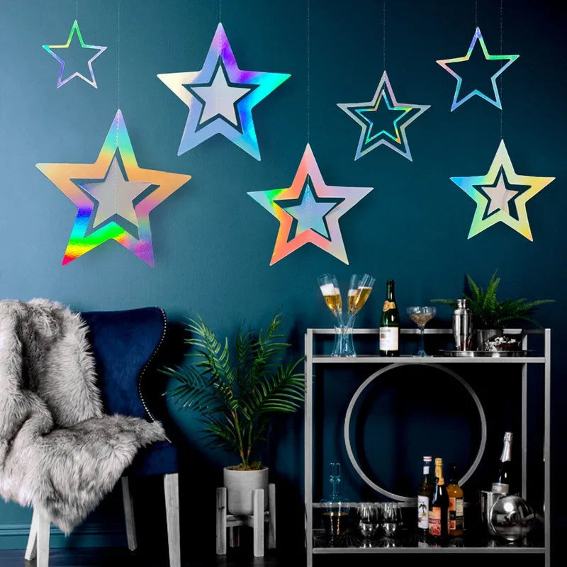 4M Silver Iridescent Paper Garland Star Round String Banners Wedding Birthday Party Home Hanging Decorations Baby Shower Favors