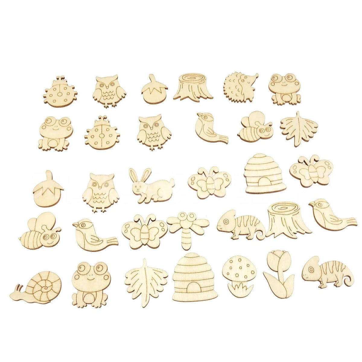 50Pcs Forest Animals Theme Unfinished Wood Craft Owl Rabbit Butterfly Lizard Mushroom Tree Trunk Shape Blank Wooden Cutout