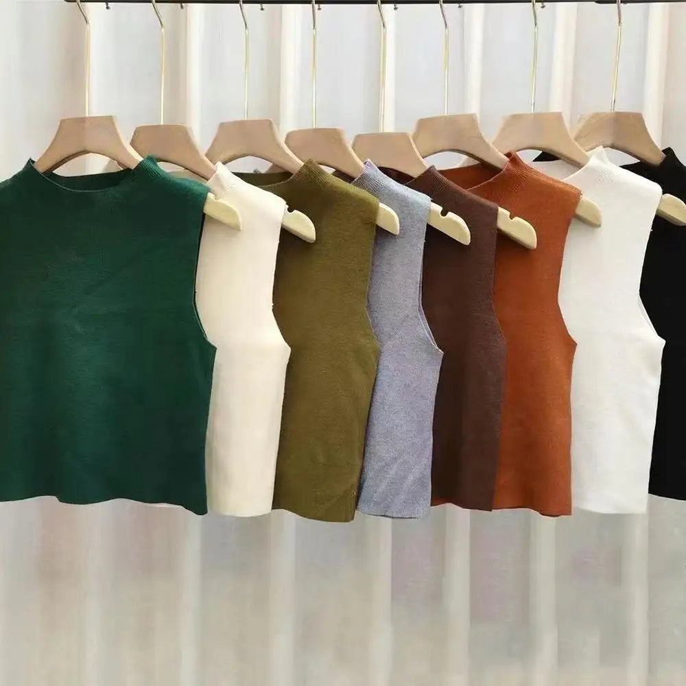 Hot Women's Vest Knitted Tank Top Solid Color Slim Sweater Half-turtleneck Spring Autumn Sleeveless T-Shirt Cropped Top Camisole