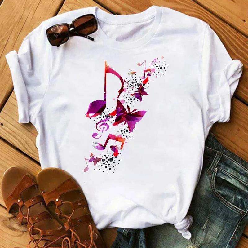Women's Simple T-shirt Half Sleeve Colorful Flower Butterfly Art Feather Print Short Sleeve T-shirt Tops  Oversized T Shirt