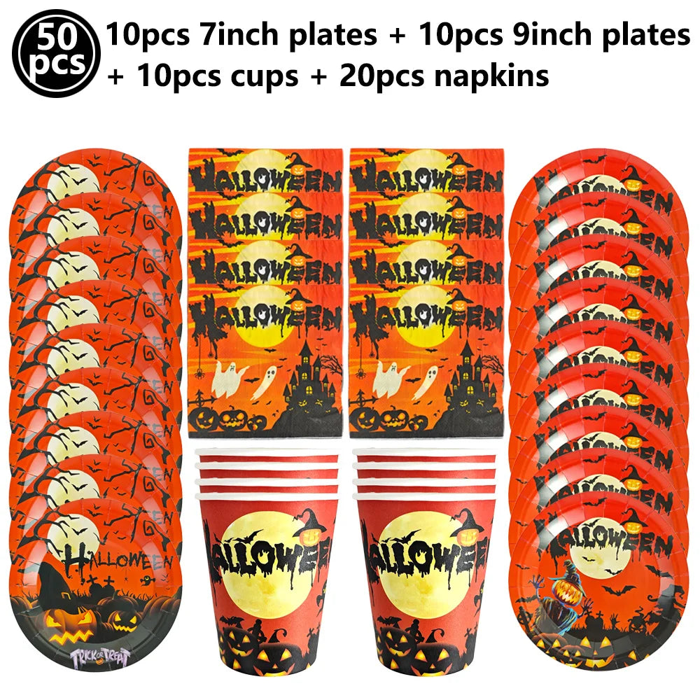 Halloween Theme Disposable Tableware Paper Plates Cups Napkins  Pumpkin Castle Ghost Halloween Party Decor Dinner Table Supplies