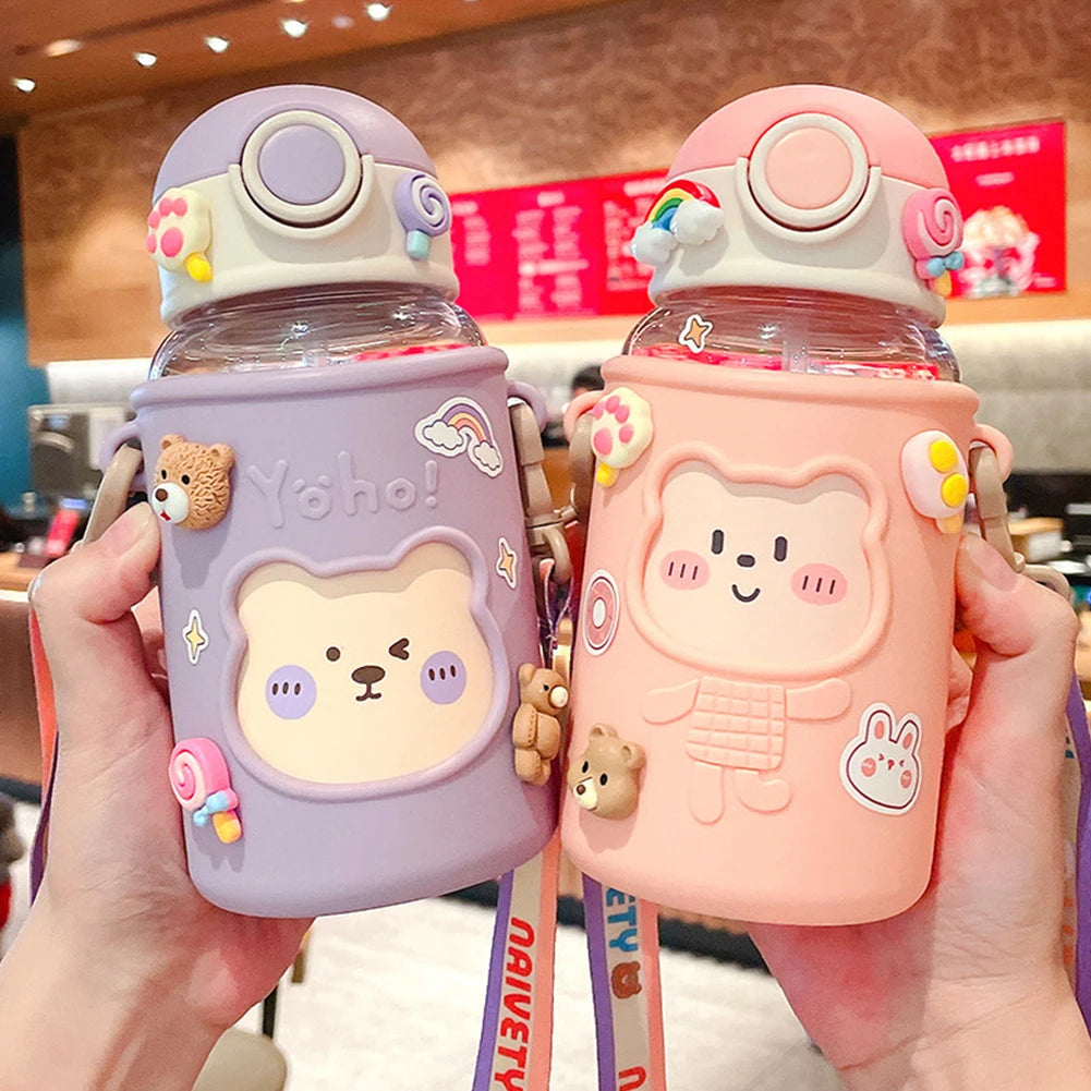 Kawaii Water Bottle Cute Bear Kettle Travel Sport Tumbler Portable Drinking Mug for Child Kids Girl Large Capacity Cartoon Cup