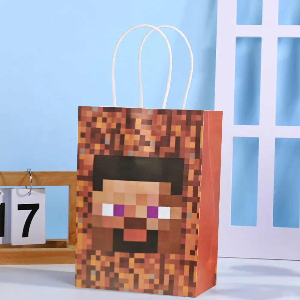 NEW Minecraft Themed Steve Creeper Lawn Handles Kraft Paper Gift Bags Birthday Party Goodie Treat Bags Pixel Game Party Supplies