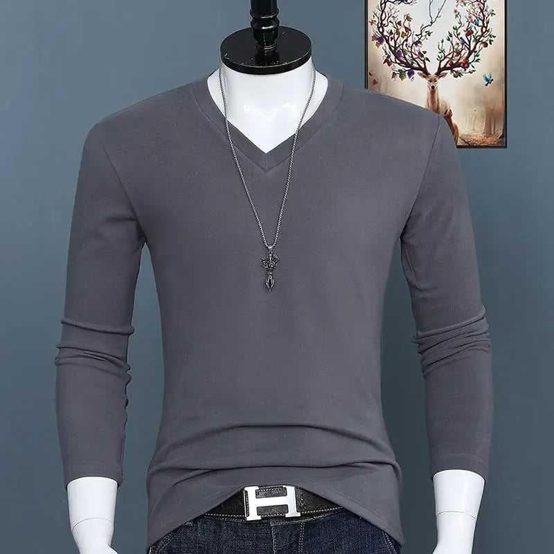 Harajuku Fashion 2023 New Men's V-neck T-shirt Crossfit Pure Color Slim Long Sleeve Tee Classic Oversized Oversized T Shirt