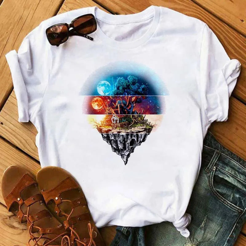 Women's Simple T-shirt Half Sleeve Colorful Flower Butterfly Art Feather Print Short Sleeve T-shirt Tops  Oversized T Shirt