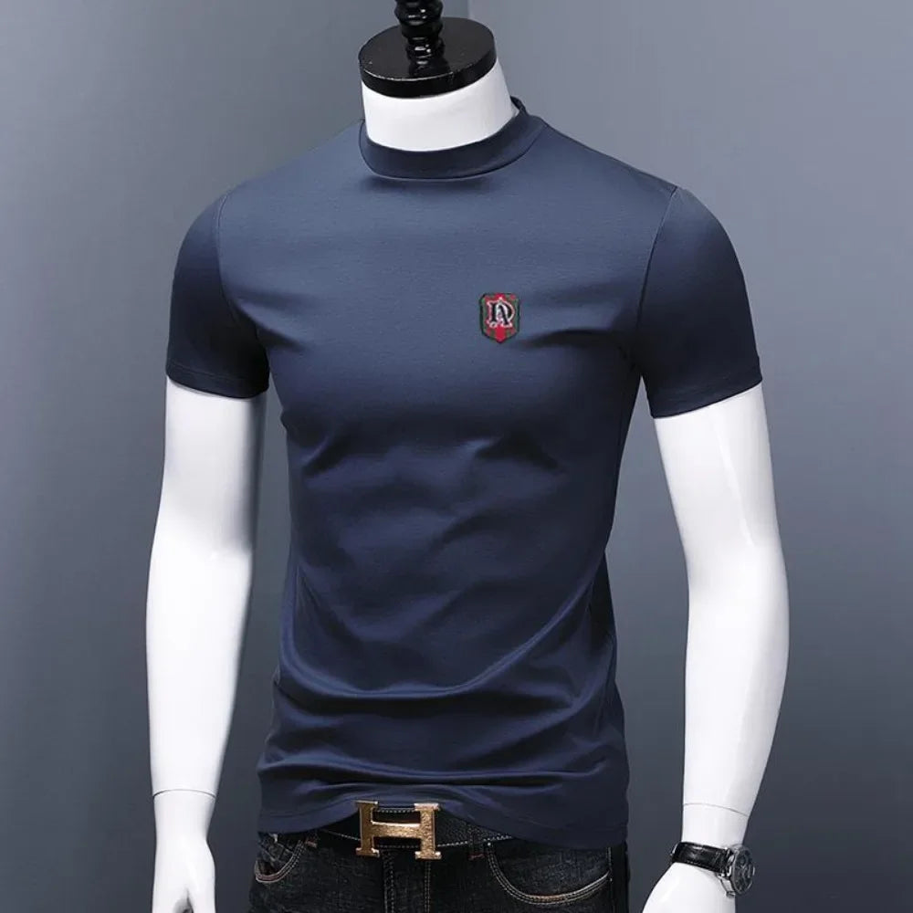 Men's Casual Turtleneck T-Shirts Short Sleeve Solid Slim Fit Silk High Neck Tops Inner Wear Trendy Round Neck Base Layer Shirt